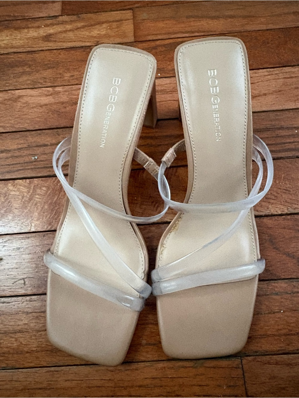 BCBGeneration Nude Square-Toe Heeled Sandals with Clear Straps